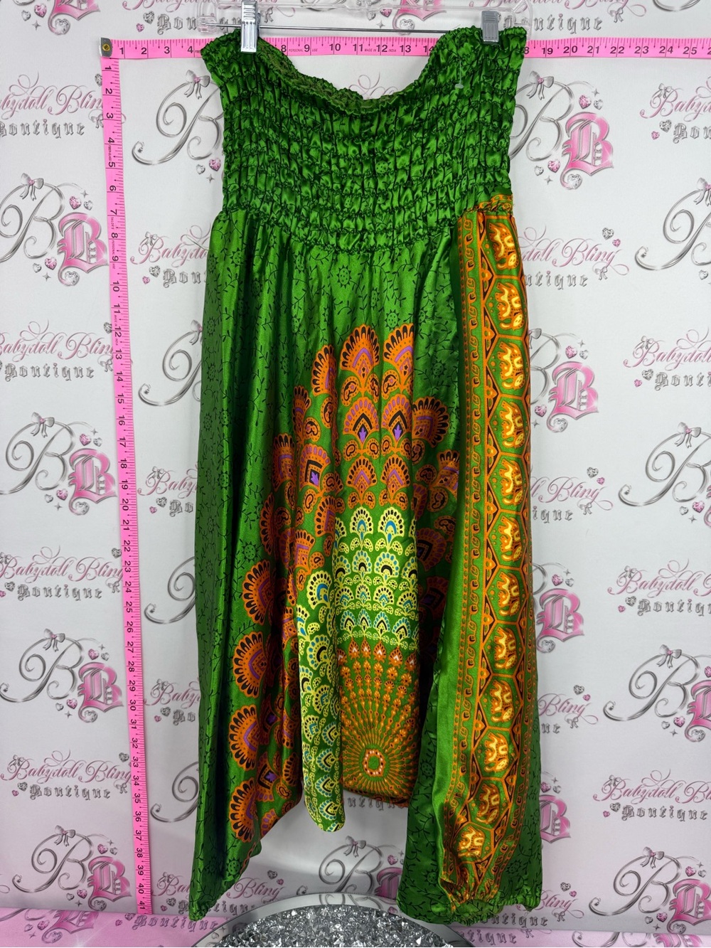 MANCINI harem pants Green Bohemian Print Smocked shiny paisley India Thailand